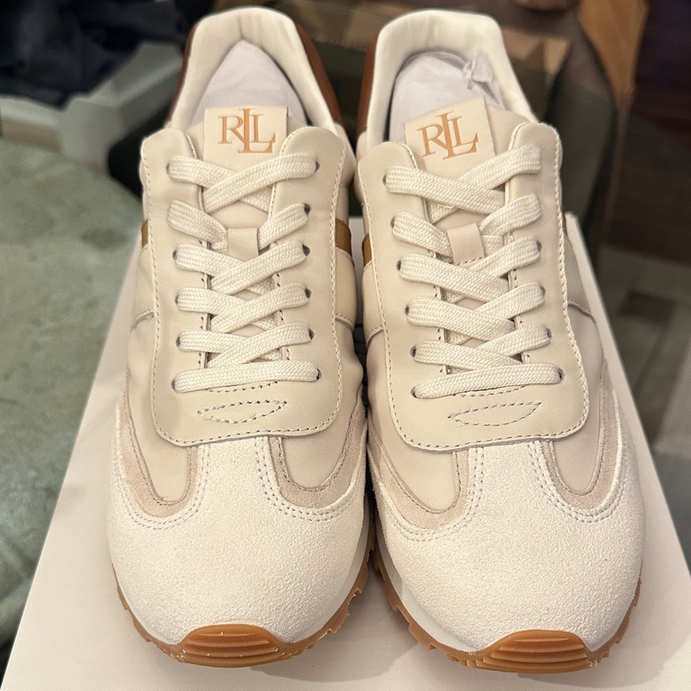 New in Box $155 Ralph Lauren Dani Cream and Tan Sneakers sz 9.5 - Picture 4 of 6